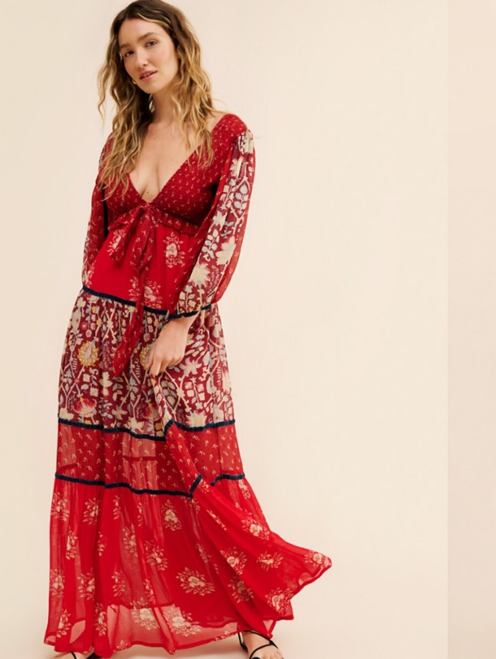 NWT Free People Bali Laurel Maxi Dress XS Summer Beach Tribal Boho Floral Red 2